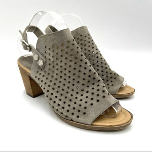 Sophia Milano Made in Italy gray suede perforated peep toe heel sandals size 7.5